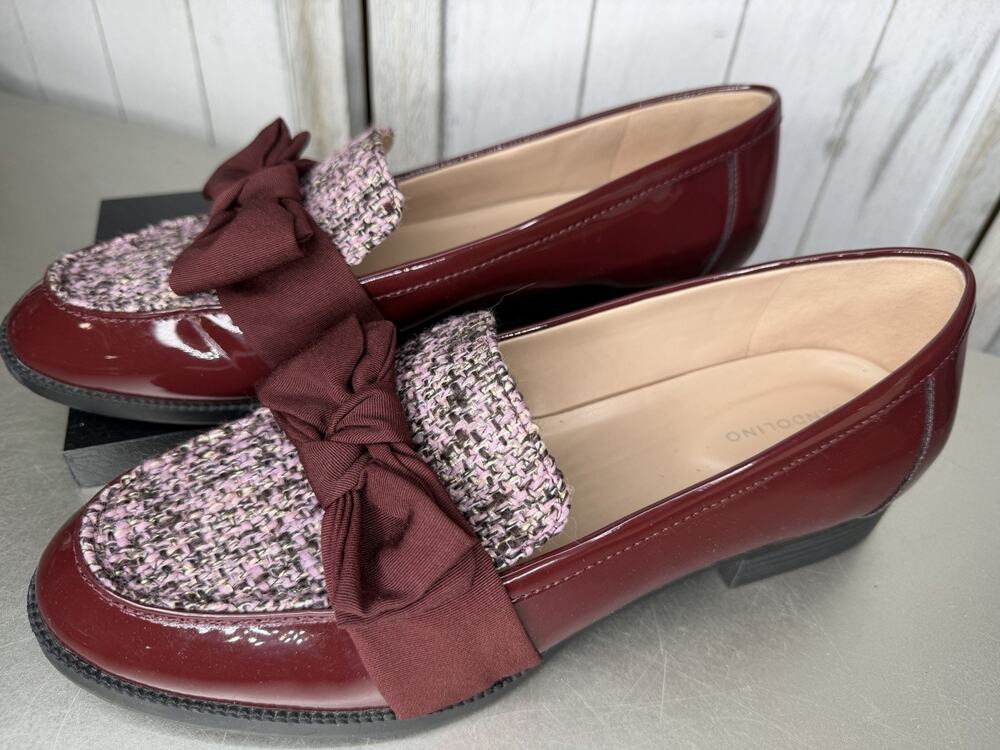Bandolino Lindio Bow Tweed Patent Loafers Burgundy Preppy Academia Size 10